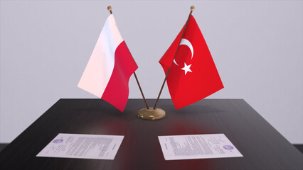 Poland and Turkey flags at politics meeting. Business deal 3D illustration