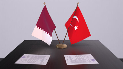 Qatar and Turkey flags at politics meeting. Business deal 3D illustration