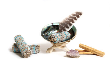Abalone Shell With Sage Incense and Amethyst Stone For Cleansing and Purification