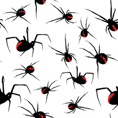 Seamless pattern. Vector drawing of poisonous spiders Karakurt. Arachnophobia set