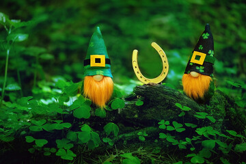 Cute irish gnomes and horseshoe for good luck on abstract natural green background. happy...