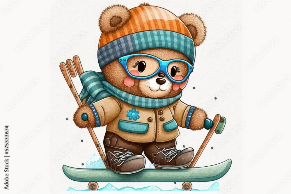 Poster Bear doll dressed for skiing, ski on. Generative AI