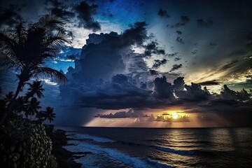 Fototapeta na wymiar The sun sets over the Balinese coast. Generative AI