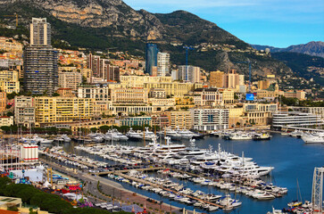 Scenic landscape view of La Condamine ward and Port Hercules in Monaco. Port Hercules is the only deep-water port in Monaco. Famous touristic place and travel destination in Europe