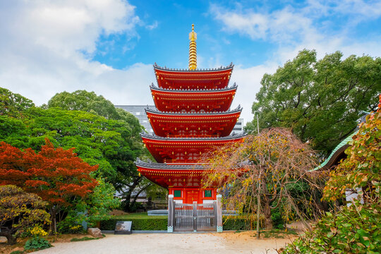 Fukuoka, Japan - Nov 20 2022: Tochoji Temple located in Hakata district. First built by Kobo Daishi by the sea, moved to current place by Kuroda Tadayuki, designated a historical site by Fukuoka City