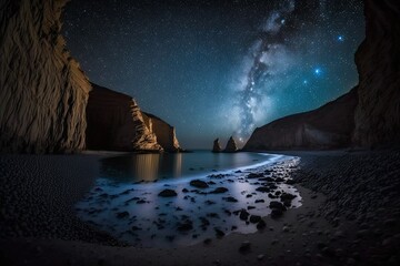 This nighttime starscape was captured in baluchistan, Iran, using a long exposure photograph from Chabahar beach. Starry night over the ocean and cliffs in Oman. Generative AI