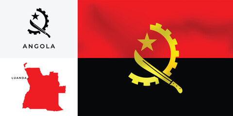 National flag of Angola with map. Red and black colors