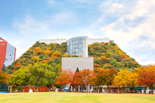 Fukuoka, Japan - Nov 21 2022: ACROS Fukuoka is a conventional office building with a huge terraced of a park. The garden reaches 60 meters above the ground