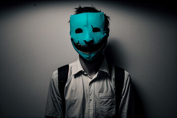Man wearing a smiling face mask to hide his feelings behind the mask, mental disorder With Generative AI