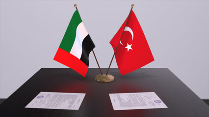 UAE and Turkey flags at politics meeting. Business deal 3D illustration