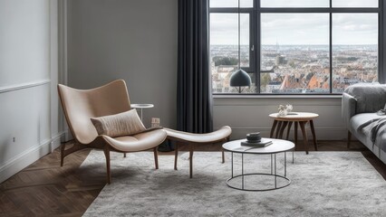 Swedish Design Living Room with Large Window and City View 