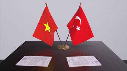 Vietnam and Turkey flags at politics meeting. Business deal 3D illustration