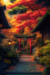 japanese temple at sunset Generative Ai