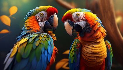 Fototapeta premium Bright parrots on a branch in a tropical forest