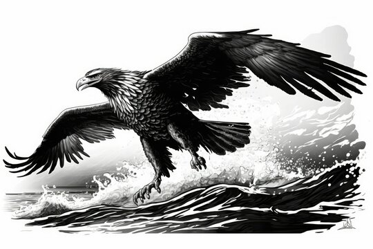 side picture of a deep sea eagle landing,. Generative AI