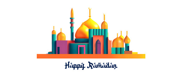 Happy ramadan illustration, silhouette of a mosque on white background. 