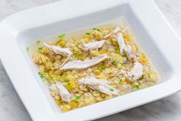 broth with chicken meat, barley groats and yellow peas