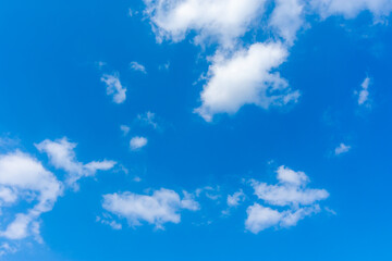 Fototapeta na wymiar Air clouds in the blue sky. Blue sky background and white clouds. Summer blue sky. Space for free text