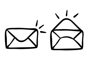 vector hand draw sketch doodle set 2 mail, with notification, close and open