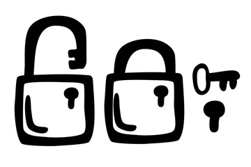 vector simple hand draw sketch doodle, padlock and key, lock and unlock