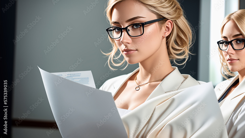 Poster office workres at work holding few sheets of paper in front of them. ai generated
