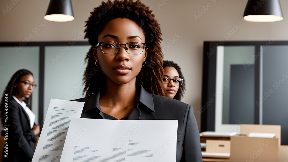 Poster office workres at work holding few sheets of paper in front of them. ai generated