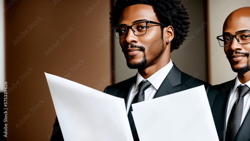 Poster office workres at work holding few sheets of paper in front of them. ai generated