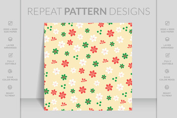 Abstract flowers with leaves seamless repeat patterns. Vector botanical plants all over surface prints. Design for fashion, paper, textile, wallpaper, wrapping, cover, fabric, background, interior.