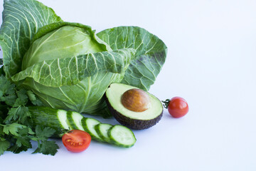 Vegetables on the white background. Close-up. Copy space.