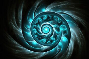 A turquoise spiral of light, representing a wave of sound or light, glows in the blackness of space. Idea for a cybergraphic. Perfect for artwork and electronic device covers. Generative AI