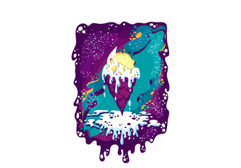 Illustration of melted moon ice cream with yellow filling on a turquoise purple starry background.