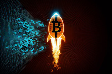 Rocket launcher in the Bitcoin logo represents cryptocurrencies price rising up going to the moon, generative AI.