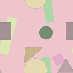 Geometric shapes of different colors randomly arranged on a pink background.Seamless pattern.