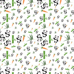 Collection of panda object set with bamboo, leaf, carrot. Seamless  panda pattern.