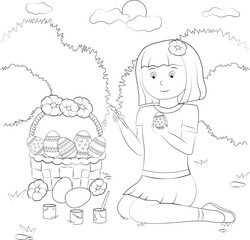 The child paints Easter eggs in nature. Children's coloring