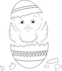 Small chick hatches from an egg. Children's coloring