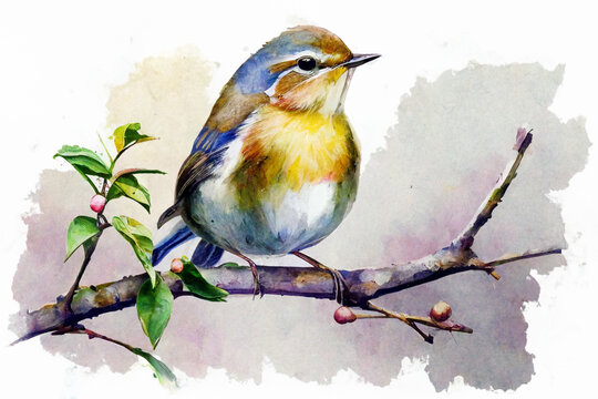 Watercolor bird on branch. Generative AI