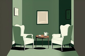 There are two identical green armchairs in this room. Furniture for use in psychotherapy sessions, specifically armchairs. Napkin dispenser, vase, and tabletop required. Psychological consultations ca