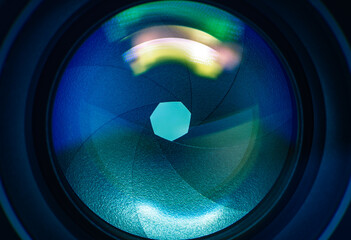 close up camera lens with flash light - obrazy, fototapety, plakaty