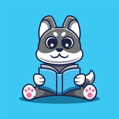 Cute Dog Reading Book Cartoon Illustration. Studying Animal Icon.