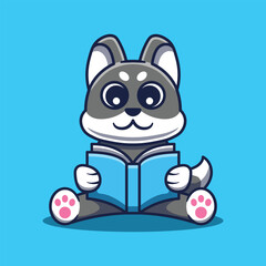 Cute Dog Reading Book Cartoon Illustration. Studying Animal Icon.
