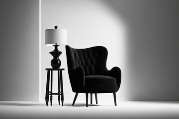 Isolated against a white background is a classic art deco armchair in black velvet with wooden legs. Shadow in the front, gray. Sets of Home Furnishings. Generative AI
