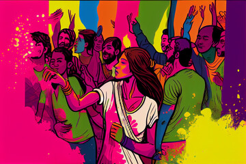 Naklejka na ściany i meble Holi Festival Illustration watercolor style Generative AI