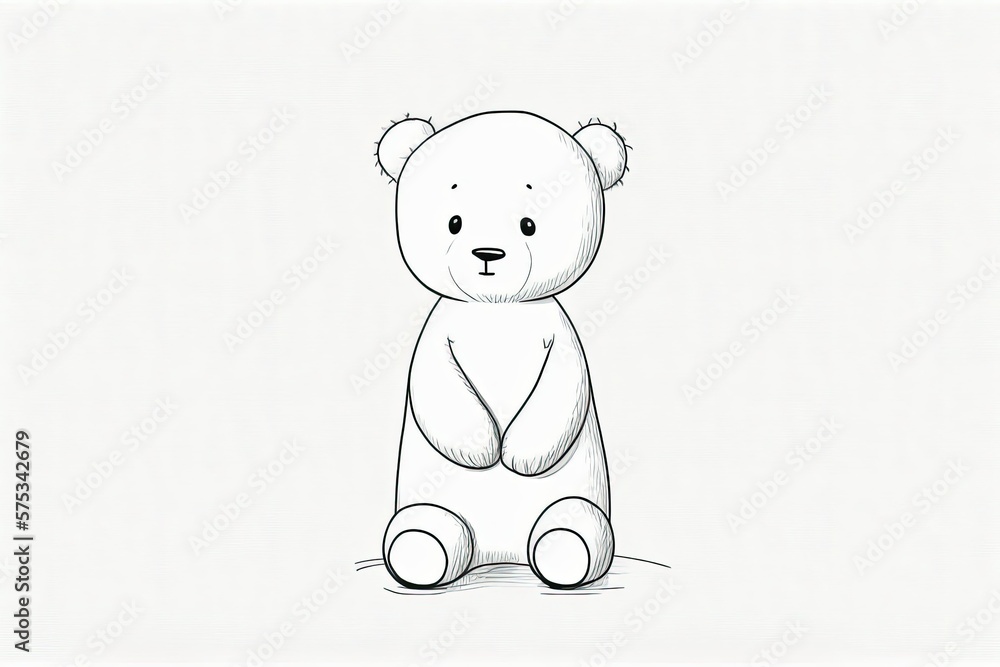 Wall mural Illustration of a plain teddy bear toy, isolated. Tiny outline drawing of a cute, plush bear with no color. Generative AI