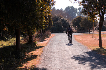 Equipped man riding a bike on a path in the park.