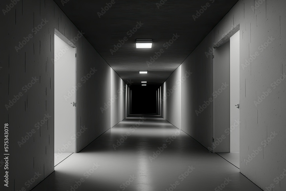 Poster empty corridor in a subterranean tunnel lit only by white led lights, with paved hallways and a meta