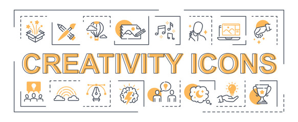 Creativity icon banner. Collection of graphic elements for website. Goal setting and motivation, inspiration and brainstorming, insight. Cartoon flat vector illustrations isolated on white background