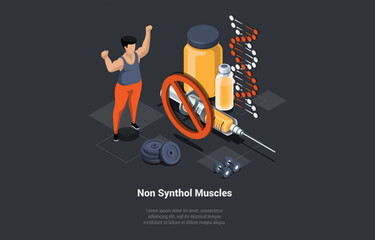 Concept Of Healthy Lifestyle And Bodybuilding. Male Character Doing Sport In Gym Without Synthol Injections. Character Use Dumbbells For Natural Muscle Growth. Isometric 3d Cartoon Vector Illustration