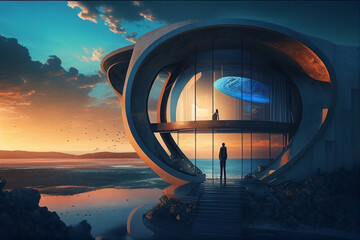 A man stands in front of a futuristic house, made with Generative AI