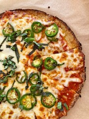 Gluten Free Cauliflower Crust Pizza Jalapenos Peppers Cheese Tomato Sauce Lunch Dinner